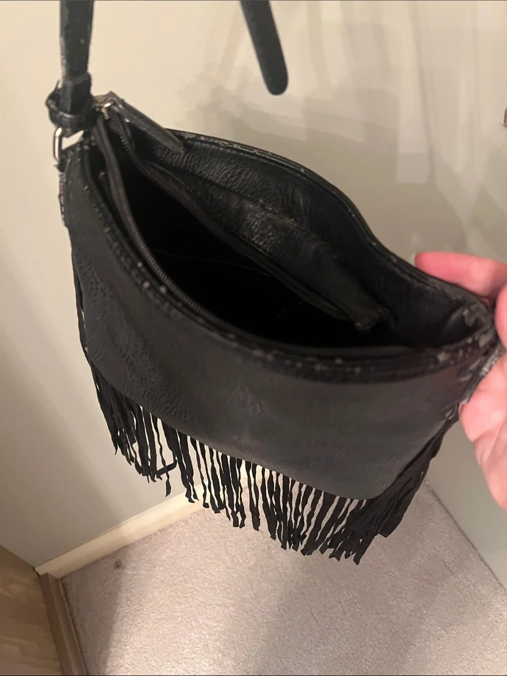 Black Fringe Crossbody Bag with Adjustable Strap